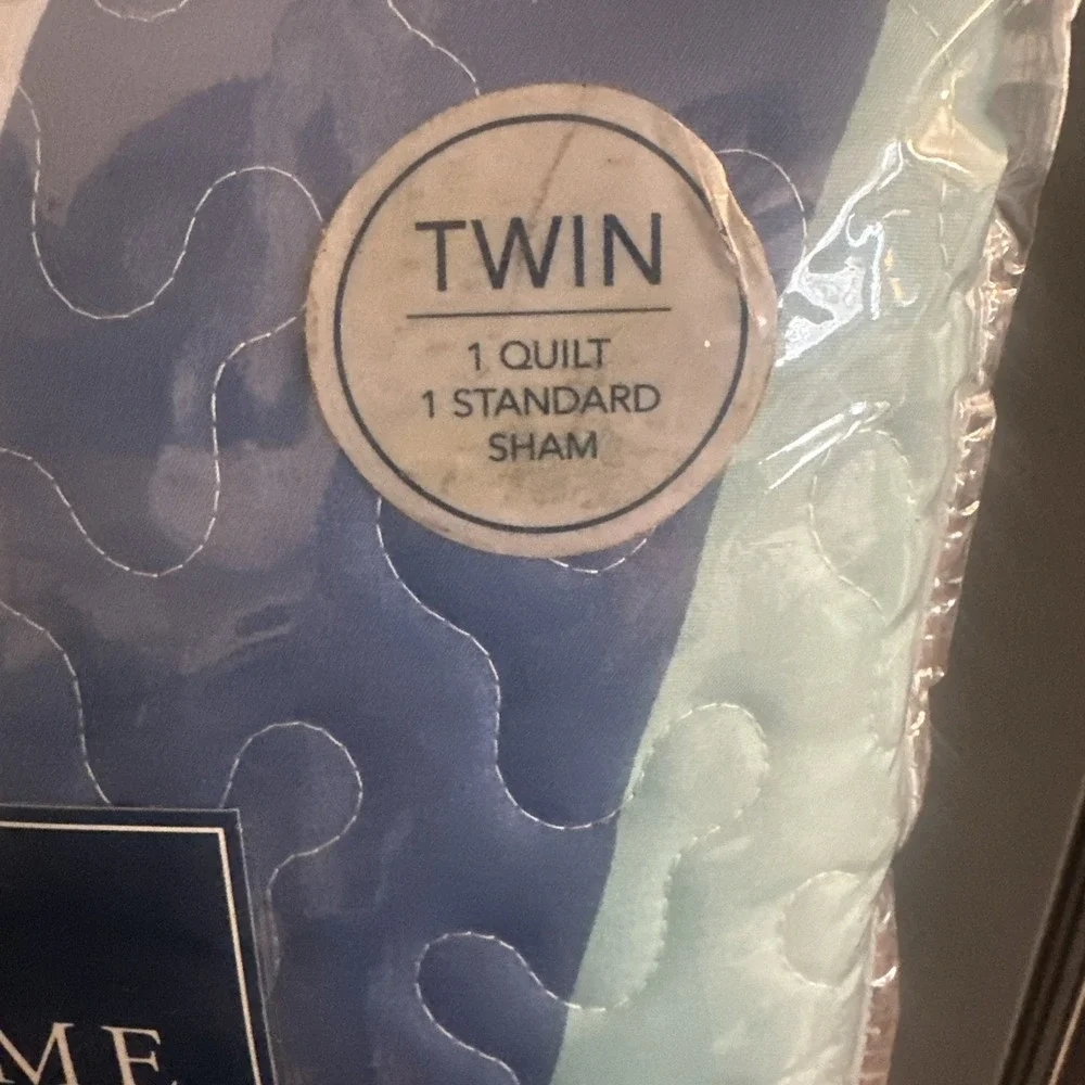 Sea Waves Blue White Quilt Set Twin Ocean Reversible Coastal Comforter Shams